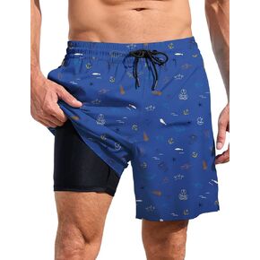 Lzzidou Mens Board Shorts with Compresssion Liner 7 Inch Inseam Swim Trunks Quick Dry Bathing Suit with Zipper Pockets