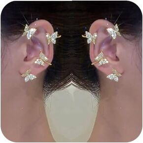 2Pcs Zircon Butterfly Ear Cuff Earrings for Women No Piercing Ear Clip Wrap Around Fake Earrings Crawler Rhinestone Wrap