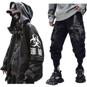 Niepce Inc Japanese Streetwear Zip Up Windbreaker Jacket for Men and Techwear Cargo Pants (Large)