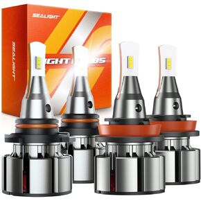 SEALIGHT 9005 H11 LED Bulbs Combo, 72000LM 800% Brightness 9005/HB3 High H11 High Low Beam Bulbs, 6000K Cool White with Silent Fan, IP68, 360° Adjustable, Powersports Headlight Bulbs, Pack of 4