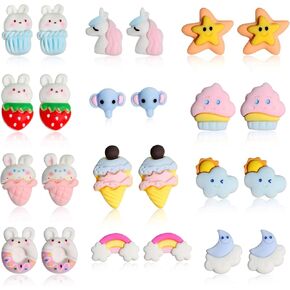Spiritlele 12 Pairs Bunny Cartoon Magnetic Earrings Set Resin Clip on Non Piercing Fake Earrings for Women