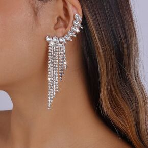 Octwine Boho Glitter Geometry Rhinestone Earrings Long Tassel Dangle Earring Clip Bling Crystal Drop Earrings for Women and Girls(Silver)