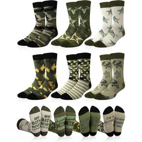 6 Pairs Veteran Gifts for Men 4th of July Novelty Army Green Camo Crew Socks Military Patriotic Gift for Independence Veteran Day