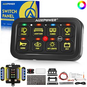 Auxpower 8 Gang Switch Panel A28 مع تحكم RGB النبضي لحظية التبديل ، وإضاءة خلفية للذاكرة ، وعزلة الحالة الصلبة المدمجة ، 12-24 فولت ، لوحة التبديل لسيارة القارب الشاحنة ، مقاومة للماء