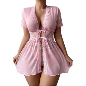 OYOANGLE Women's 2 Piece Babydoll Lingerie Set Sheer Short Sleeve Tie Front Nightgown with Thongs Sleepwear