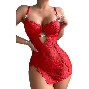 Sexy Split Side CutOut UnderWire Floral Lace Mesh Sheer Babydoll Lingerie Dress with Thong 2 Piece