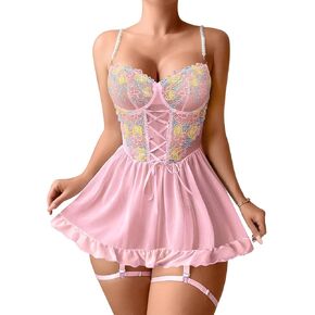 Lilosy Sexy Mesh Sheer Lace Chemise NightDress Lingerie Set with Thong