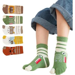 5 Pairs Kids Cotton Two Big Toe Tabi Flip Flops V Socks Cute Cartoon Animals Socks for Boys Girls 3-12 Years
