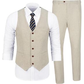 Men's Casual Linen Suit Set 2 Piece Slim Fit Wedding Suits Prom Groomsmen Suit Tuxedos Beach Suits Vest Pants