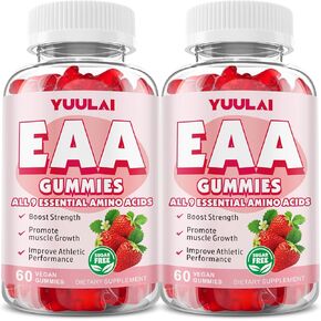 Pack of 2 EAA Gummies, Essential Amino Acids - All 9 Essential Aminos (EAA) and All Branched-Chain Aminos (BCAAs) for Muscle Recovery, Energy Support, Strawberry Flavor, 120 Count