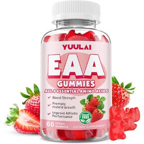 EAA Gummies, Essential Amino Acids - All 9 Essential Aminos (EAA) and All Branched-Chain Aminos (BCAAs) for Muscle Recovery, Energy Support, Strawberry Flavor, 60 Count