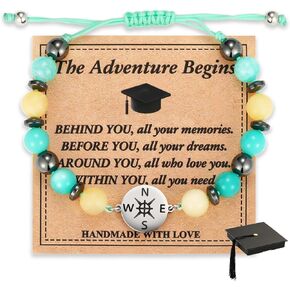 Graduation Gifts for Her/Him Inspirational Compass Bracelet Adjustable Bracelets for Women/Men Natural Stone Bead Bracelets with Card and Unique Graduation Cap Box for 2025 Graduation Gifts