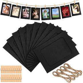 100 Pcs Paper Picture Frames 4 x 6, Black Paper Picture Frames with Wooden Clips and String, Hanging Photo Display for Home, Office, Wedding and Party Decor, Photo Holder for Wall