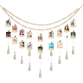 Amyhill معلق صورة عرض بوهو Macrame جدار معلق مع 24 مقاطع خشبية Macrame Collage Frame مع حبات خشبية طبقة مزدوجة غرفة ديكور الفن