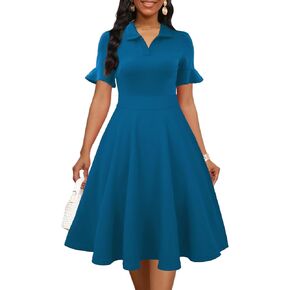 غلاف الكشكش الصيفي النسائي collared v neck fit and flare regant a line swing dresses with jobicets