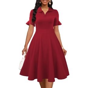 Mokayee Womens Summer Ruffle Sleeve Collared V Neck Fit and Flare Elegant A line Swing Dresses with Pockets in Saudi Arabia