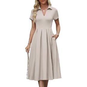 Womens Summer Collared V Neck Midi Dress Casual Semi Formal Short Sleeve Wedding Guest Dresses with Pockets