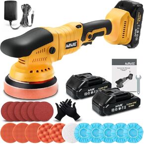 Cordless Car Buffer Polisher, 2x2000mAh 21V Batteries 5-Inch Random Orbital Polisher for Car Detailing, Waxing, Polishing, Scratch Removing, 6 Variable Speed Car Buffer Polishing Kit