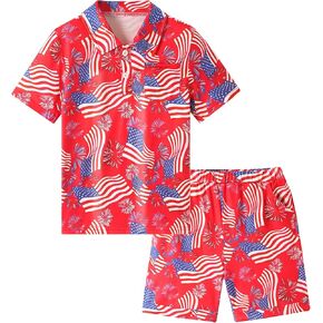 Toddler 4th Of July Outfit Boy Shirt Flag Print Red Shirt Top Shorts 2 Piece Set
