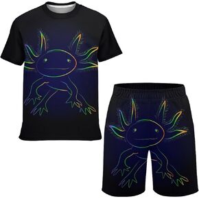 DZUAIKIT Stylized Rainbow Axolotl Boy's Short Sleeve T-Shirt and Short Kids Quick-dry Clothes Outfit Teen Short Set for 5-16T