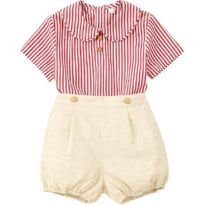 Twoflower Toddler boys Summer Short Sleeve outfits，Baby boy set striped clothes button down birthday shirt