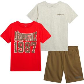 AEROPOSTALE Boys' Active Shorts Set - 3 Piece Performance Jersey Crewneck Graphic Tees and Fleece Shorts Set (Sizes: 8-12)