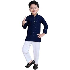 Kid's Embroidery Printed Rayon Kurta-Pajama Set 3/4 Sleeve V Neck Traditional Ethnic Wear for Boys
