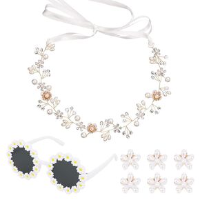 WHAVEL Flower Girl Proposal 8 PCS Flower Girl Hair Accessory, Including Pearl Headpiece, Daisy Sunglasses, Floral Claw Clips for Wedding
