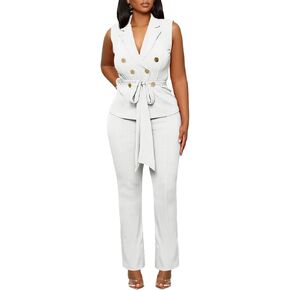 Blazer Pants Suits for Women Dressy Sleeveless Vest with Belt Wide Leg Pants 2 Piece Outfits Business Set Casual Suiting