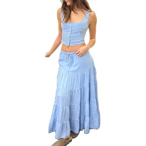 Women Y2K Ruffle 2 Piece Skirt Set Spaghetti Strap Ruched Cami Top Tiered Flowy Long Skirt Boho Beach Outfits