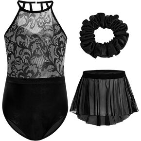 Gogokids 3 Pcs Ballet Leotards for Girls, Halter Gymnastics Leotard with Rhinestone and Removable Skirt Combo in Kuwait