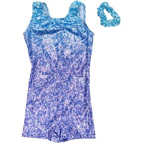 Destira Glitter و Glitz Lavender Gymnastic Unitard ، Sparkle Hologram Biketard في Blues & Lavender ، شملت Scrunchie الطفل L (10)