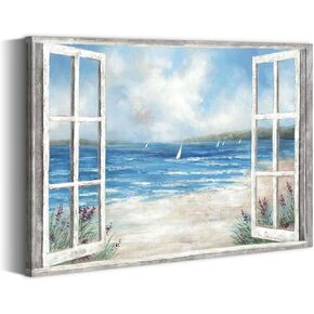 Summer Melody Coastal Beach Canvas Wall Art - Ocean View من نافذة مفتوحة مع زهور الخزامى صورة Seasscape الهادئة لغرفة نوم غرفة المعيشة
