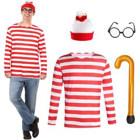 Adult Red White Striped Tee Shirt Casual Crewneck Long-Sleeve T-Shirt Basic Pullover Men Women Halloween Costume Set