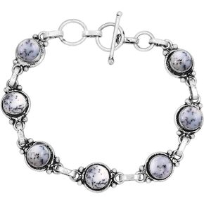 Round Shape Natural & Synthetic Gemstones Silver Plated Bracelets for Women - Vintage Bohemian Style Handmade Birthstone Adjustable Link Bracelet Jewelry Gifts for Wedding Anniversary Mother's Day