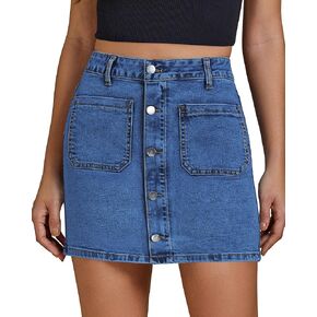 luvamia Jean Skirts for Women Denim High Waisted Trendy Stretchy Mini Button Front Short Pencil Skirt with Patch Pockets