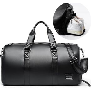 Large Leather Duffel Bag Men Women Travel Gym Sports Bag with Shoe Compartment Weekend Travel Overnight Weekend Bag with Adjustable Shoulder Strap, Black, 30L