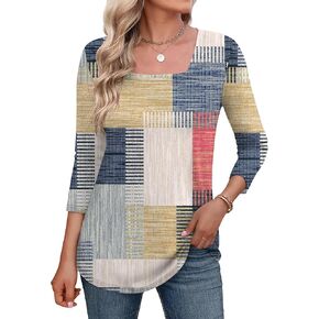 LOMON Women's 3/4 Sleeve Shirts Square Neck Summer Tops Dressy Casual Basic Tees Ladies T Shirts Blouses