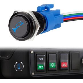 12V 16MM Raised Speaker Momentary Push Button Horn Switch, 5/8" Mounting Hole, for Automotive Car Boat Train, Blue LED Light Black Stainless Steel Shell
