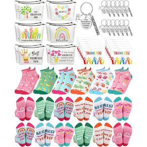 48 Pcs Volunteer Appreciation Gifts Bulk Include Funny Makeup Bag Cotton Novelty Ankle Socks Keychain Greeting Card Thank You Gift Basket Stuffer for Volunteer Appreciation Month Supplies