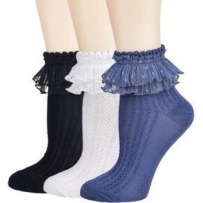 Bivolu Womens الكاحل الجوارب الدانتيل كشكش القطن frilly لطيف الأميرة الكاحل فستان الجوارب الدانتيل لفتاة 3 عبوة