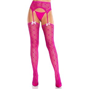 Leg Avenue Womens Heart Lace Trimmed Heart Net Stockings With Attached Garter Belt and Satin Bow Accents