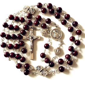 elegantmedical HANDMADE Catholic St. Benedict GARNET GEMSTONE Bead 5 DECADE Rosary Necklace Cross BOX