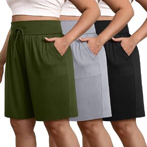 3 Pack Women's Plus Size Bermuda Shorts Cotton Long Yoga Short with Pockets High Waisted Drawstring Athletic Bottom