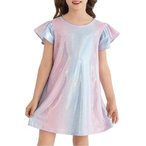 Girls Party Dress Metallic Shiny Sparkly Colorful Flutter Sleeve Swing Midi Prom Dress