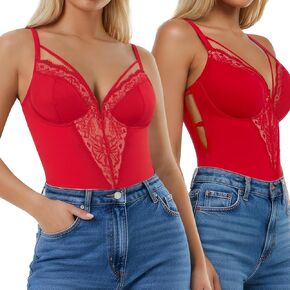 Popilush Lace Bodysuits for Women - V Neck Tummy Control Shapewear with Underwire Bra Side Zipper - Club Outfits