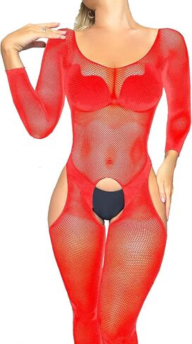 Women's Fishnet Bodysuit Long Sleeve Sheer Mesh Tights Bodystocking Full Body Fishnets Rave Outfit in Saudi Arabia