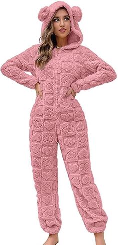 chouyatou Women's Furry Sherpa Onesie Pajamas Lounge Heart Jacquard One Piece Romper Cute Ear Hood Jumpsuit in Saudi Arabia