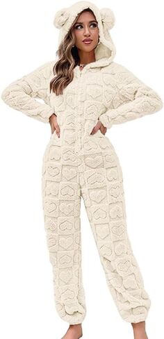 chouyatou Women's Furry Sherpa Onesie Pajamas Lounge Heart Jacquard One Piece Romper Cute Ear Hood Jumpsuit in Saudi Arabia