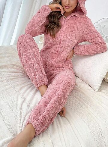 chouyatou Women's Furry Sherpa Onesie Pajamas Lounge Heart Jacquard One Piece Romper Cute Ear Hood Jumpsuit in Saudi Arabia